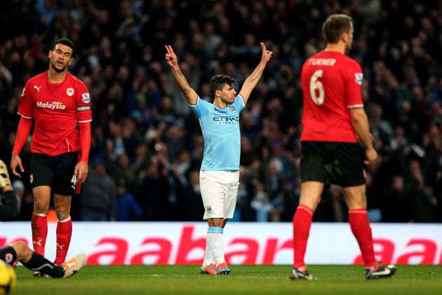 MANCHESTER, ENGLAND - JANUARY 18:  Sergio Aguero of Manchester City celebratesafter scoring his team's fourth goal during the Barclays Premier League match between Manchester City and Cardiff City at the Etihad Stadium on January 18, 2014 in Manchester, England.  (Photo by Alex Livesey/Getty Images)