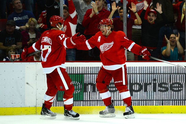 Mar 18, 2014; Detroit, MI, USA; Detroit Red Wings center David Legwand (17) celebrates with Detroit Red Wings right wing Daniel Alfredsson (11) after a goal in the third period against the Toronto Maple Leafs at Joe Louis Arena. Detroit Red Wings defeated Toronto Maple Leafs 3-2. Mandatory Credit: Andrew Weber-USA TODAY Sports Mar 18, 2014; Detroit, MI, USA; Detroit Red Wings center David Legwand (17) celebrates with Detroit Red Wings right wing Daniel Alfredsson (11) after a goal in the third period against the Toronto Maple Leafs at Joe Louis Arena. Detroit Red Wings defeated Toronto Maple Leafs 3-2. Mandatory Credit: Andrew Weber-USA TODAY Sports