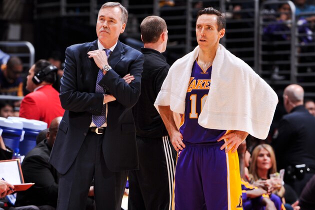 LOS ANGELES, CA - JANUARY 4: Head Coach Mike D'Antoni of the Los Angeles Lakers and Steve Nash #10 look on during a game against the Los Angeles Clippers at Staples Center on January 4, 2013 in Los Angeles, California. NOTE TO USER: User expressly acknowledges and agrees that, by downloading and/or using this photograph, user is consenting to the terms and conditions of the Getty Images License Agreement. Mandatory Copyright Notice: Copyright 2013 NBAE (Photo by Andrew D. Bernstein/NBAE via Getty Images)