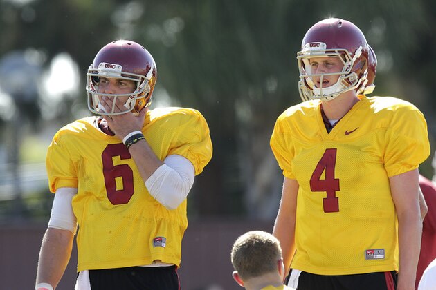 Southern California quarterback Cody Kessler, left, stands next to quarterback Max Browne during NCAA college football practice on Tuesday, Aug. 6, 2013, in Los Angeles. (AP Photo/Jae C. Hong)