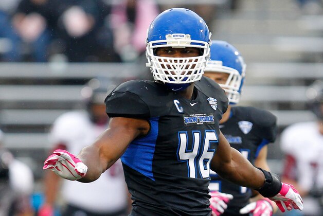 Oct 19, 2013; Buffalo, NY, USA; Buffalo Bulls linebacker Khalil Mack (46) during a game against the Massachusetts Minutemen at University of Buffalo Stadium. Mandatory Credit: Timothy T. Ludwig-USA TODAY Sports