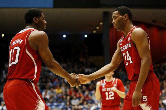 DAYTON, OH - MARCH 18:  Lennard Freeman #10 and T.J. Warren #24 of the North Carolina State Wolfpack celebrate in the second half against the Xavier Musketeers during the first round of the 2014 NCAA Men's Basketball Tournament at at University of Dayton Arena on March 18, 2014 in Dayton, Ohio.  (Photo by Gregory Shamus/Getty Images)