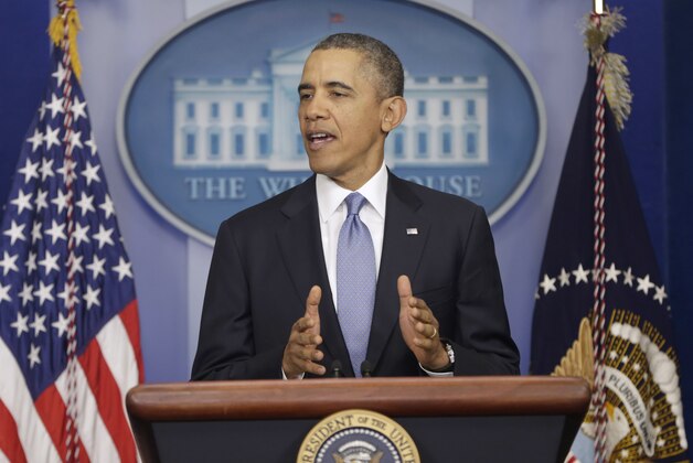 President Barack Obama speaks about Ukraine, Monday, March 17, 2014, in the James Brady Press Briefing Room at the White House in Washington. The president imposed sanctions against Russian officials, including advisers to President Vladimir Putin, for their support of Crimea's vote to secede from Ukraine. (AP Photo/Pablo Martinez Monsivais)