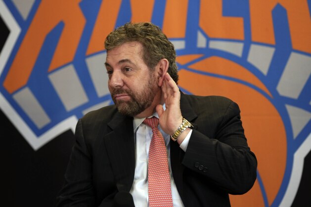 New York Knicks owner James Dolan listens to a question during a news conference for  new team president Phil Jackson, at New York's Madison Square Garden, Tuesday, March 18, 2014. (AP Photo/Richard Drew)
