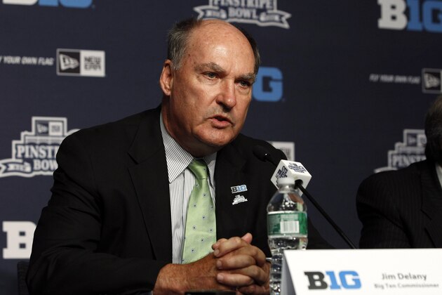 NEW YORK, NY - JUNE 3: Jim Delany, Commissioner of the Big Ten Conference, addresses the media during a press conference to announce the New Era Pinstripe Bowl's eight-year partnership with the Big Ten Conference at Yankees Stadium on June 3, 2013 in the Bronx borough of New York City. (Photo by Jason Szenes/Getty Images