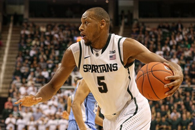 EAST LANSING, MI - NOVEMBER 15:  Adreian Payne #5 of the Michigan State Spartans drives the ball to the basket during the second half of the game against the Columbia Lions at Breslin Center on November 15, 2013 in East Lansing, Michigan. Michigan State defeated Columbia 62-53.  (Photo by Leon Halip/Getty Images)