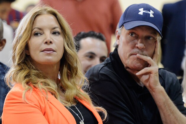 EL SEGUNDO, CA - AUGUST 10:  Jim Buss and his sister Jeanie Buss of the Los Angeles Lakers attend a news conference where Dwight Howard was introduced as the newest member of the team at the Toyota Sports Center on August 10, 2012 in El Segundo, California. The Lakers acquired Howard from Orlando Magic in a four-team trade. In addition Lakers will receive Chris Duhon and Earl Clark from the Magic.  (Photo by Kevork Djansezian/Getty Images)