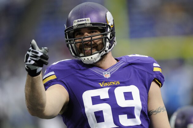 MINNEAPOLIS, MN - DECEMBER 29: Jared Allen #69 of the Minnesota Vikings looks on before the game against the Detroit Lions on December 29, 2013 at Mall of America Field at the Hubert H. Humphrey Metrodome in Minneapolis, Minnesota. (Photo by Hannah Foslien/Getty Images)