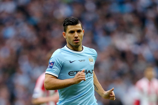 Manchester City's Sergio Aguero during their English League Cup final soccer match against Sunderland at Wembley Stadium, London, England, Sunday, March 2, 2014. (AP Photo/Scott Heppell)
