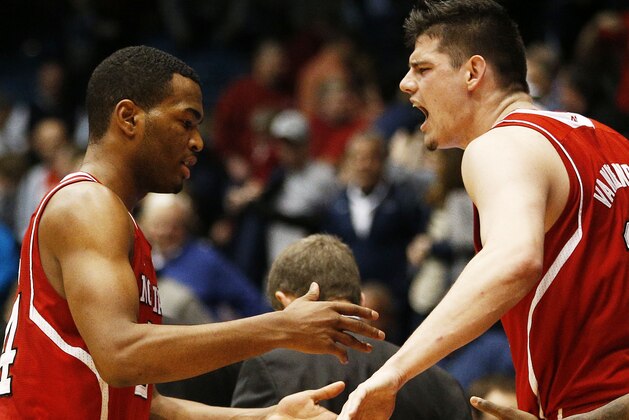 DAYTON, OH - MARCH 18:  T.J. Warren #24 and Jordan Vandenberg #14 of the North Carolina State Wolfpack celebrate in their 74 to 59 win over the Xavier Musketeers during the first round of the 2014 NCAA Men's Basketball Tournament at at University of Dayton Arena on March 18, 2014 in Dayton, Ohio.  (Photo by Gregory Shamus/Getty Images)