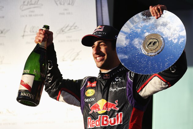 MELBOURNE, AUSTRALIA - MARCH 16:  Daniel Ricciardo of Australia and Infiniti Red Bull Racing celebrates on the podium after finishing second during the Australian Formula One Grand Prix at Albert Park on March 16, 2014 in Melbourne, Australia.  (Photo by Mark Thompson/Getty Images)
