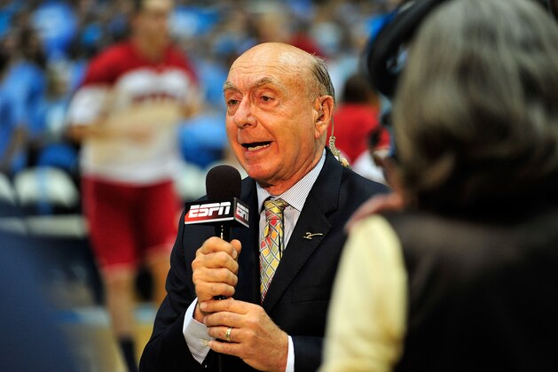 CHAPEL HILL, NC - JANUARY 26:  ESPN broadcaster Dick Vitale does a live broadcast before a game between  the North Carolina Tar Heels and the North Carolina State Wolfpack  at the Dean Smith Center on January 26, 2012 in Chapel Hill, North Carolina. North Carolina won 74-55.  (Photo by Grant Halverson/Getty Images)