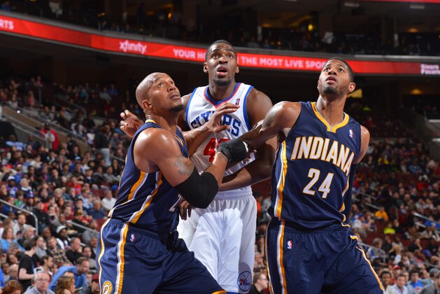 PHILADELPHIA, PA - MARCH 14: David West #21 and Paul George #24 of the Indiana Pacers box out against the Philadelphia 76ers at the Wells Fargo Center on March 14, 2014 in Philadelphia, Pennsylvania. NOTE TO USER: User expressly acknowledges and agrees that, by downloading and or using this photograph, User is consenting to the terms and conditions of the Getty Images License Agreement. Mandatory Copyright Notice: Copyright 2014 NBAE (Photo by Jesse D. Garrabrant/NBAE via Getty Images) PHILADELPHIA, PA - MARCH 14: David West #21 and Paul George #24 of the Indiana Pacers box out against the Philadelphia 76ers at the Wells Fargo Center on March 14, 2014 in Philadelphia, Pennsylvania. NOTE TO USER: User expressly acknowledges and agrees that, by downloading and or using this photograph, User is consenting to the terms and conditions of the Getty Images License Agreement. Mandatory Copyright Notice: Copyright 2014 NBAE (Photo by Jesse D. Garrabrant/NBAE via Getty Images)