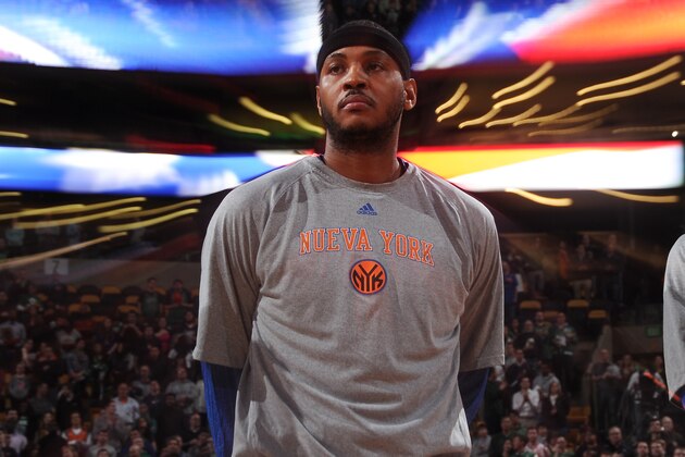 BOSTON, MA - MARCH 12: Carmelo Anthony #7 of the New York Knicks before a game against the Boston Celtics on March 12, 2014 at the TD Garden in Boston, Massachusetts.  NOTE TO USER: User expressly acknowledges and agrees that, by downloading and or using this photograph, User is consenting to the terms and conditions of the Getty Images License Agreement. Mandatory Copyright Notice: Copyright 2014 NBAE  (Photo by Brian Babineau/NBAE via Getty Images)