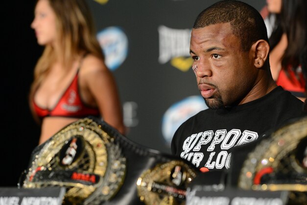 Nov 2, 2013; Long Beach, CA, USA;   Emanuel Newton at the post fight press conference after the Bellator MMA fight night at the Long Beach Arena. Alvarez won the fight. Mandatory Credit: Jayne Kamin-Oncea-USA TODAY Sports