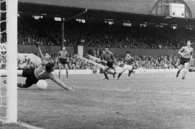 North Korea's midfielder Pak Doo Ik, second right, shoots past Italian goalkeeper Enrico Albertosi, left, to score the only goal of the game at Ayresome Park, Middlesborough, on July 19, 1966. (AP Photo/Bippa)