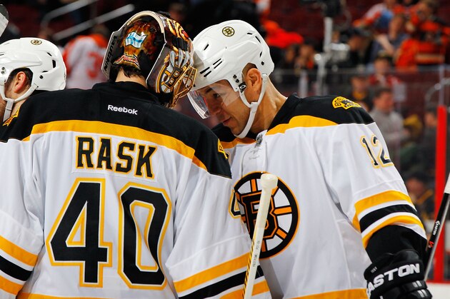PHILADELPHIA, PA - JANUARY 25: Tuukka Rask #40 and Jarome Iginla #12 of the Boston Bruins celebrate after defeating the Philadelphia Flyers 6-1 at the Wells Fargo Center on January 25, 2014  in Philadelphia, Pennsylvania.  (Photo by Jim McIsaac/NHLI via Getty Images)
