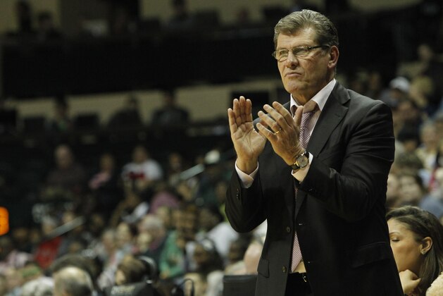 Feb 16, 2014; Tampa, FL, USA; Connecticut Huskies head coach Geno Auriemma claps on the sidelines against the South Florida Bulls during the second half at USF Sun Dome. The Huskies won 63-38. Mandatory Credit: Kim Klement-USA TODAY Sports