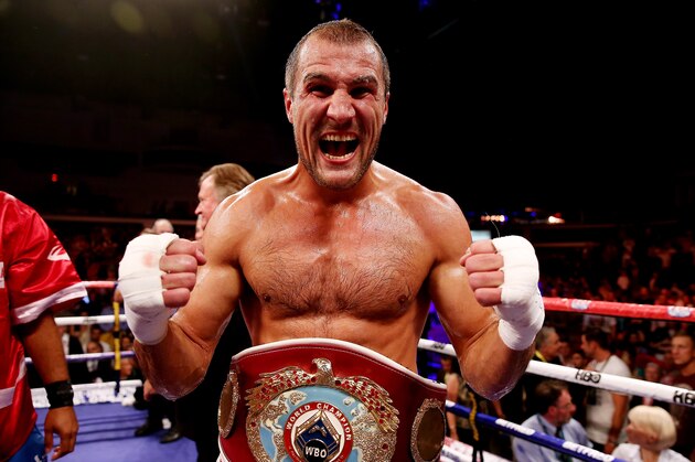 CARDIFF, WALES - AUGUST 17:  Sergey Kovalev celebrates his victory over Nathan Cleverly during the WBO World Light-Heavyweight Championship bout at Motorpoint Arena on August 17, 2013 in Cardiff, Wales.  (Photo by Scott Heavey/Getty Images)