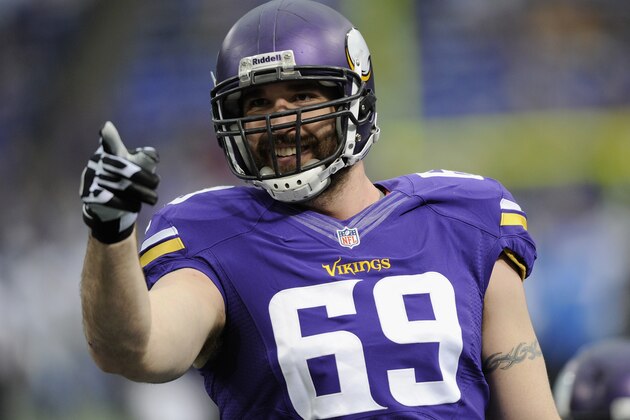 MINNEAPOLIS, MN - DECEMBER 29: Jared Allen #69 of the Minnesota Vikings looks on before the game against the Detroit Lions on December 29, 2013 at Mall of America Field at the Hubert H. Humphrey Metrodome in Minneapolis, Minnesota. (Photo by Hannah Foslien/Getty Images)
