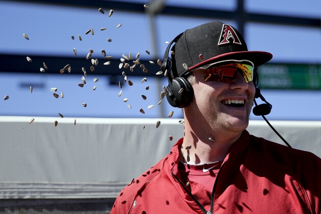 Arizona Diamondbacks starting pitcher Archie Bradley laughs after a teammate throws sunflower seed at him during an interview at a spring training baseball game against the San Diego Padres in Scottsdale, Ariz., Sunday, March 9, 2014. (AP Photo/Chris Carlson)