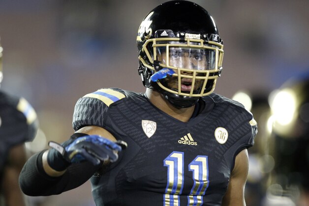 UCLA linebacker Anthony Barr (11) during warmups prior to playing against Washington in their NCAA college football game Friday, Nov. 15, 2013, in Pasadena, Calif.  (AP Photo/Alex Gallardo)