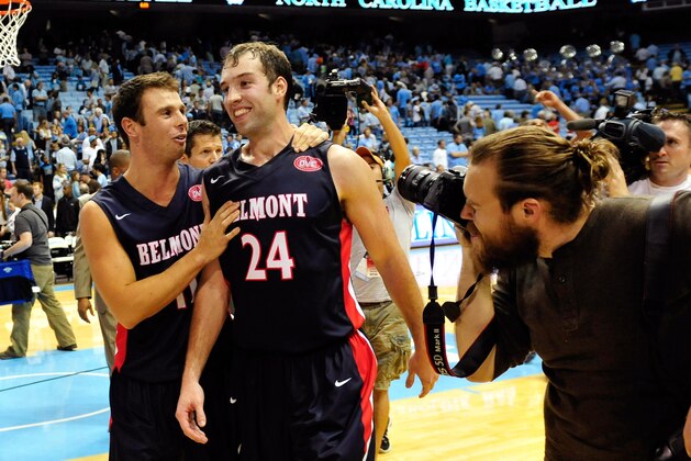 CHAPEL HILL, NC - NOVEMBER 17:  Spencer Turner #11 and J.J. Mann #24 of the Belmont Bruins leave the court after a last-second win over the North Carolina Tar Heels at the Dean Smith Center on November 17, 2013 in Chapel Hill, North Carolina. Mann hit the game-winning 3-point shot as Belmont defeated North Carolina, 83-80.  (Photo by Grant Halverson/Getty Images)