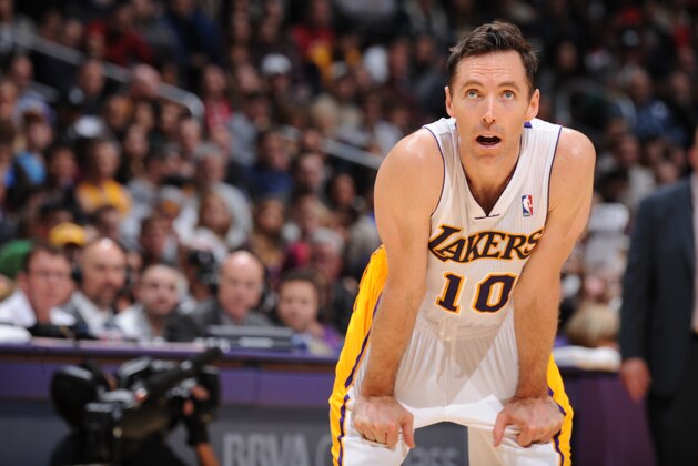 LOS ANGELES, CA - FEBRUARY 9: Steve Nash #10 of the Los Angeles Lakers during a game against the Chicago Bulls at STAPLES Center on February 9, 2014 in Los Angeles, California. NOTE TO USER: User expressly acknowledges and agrees that, by downloading and/or using this Photograph, user is consenting to the terms and conditions of the Getty Images License Agreement. Mandatory Copyright Notice: Copyright 2014 NBAE (Photo by Andrew D. Bernstein/NBAE via Getty Images)