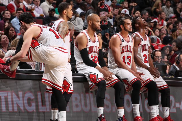 CHICAGO, IL - MARCH 11: (L-R) Kirk Hinrich #12, D.J. Augustin #14, Taj Gibson #22, Joakim Noah #13 and Jimmy Butler #21 of the Chicago Bulls wait for the 4th quarter to begin against the San Antonio Spurs on March 11, 2014 at the United Center in Chicago, Illinois. NOTE TO USER: User expressly acknowledges and agrees that, by downloading and or using this Photograph, user is consenting to the terms and conditions of the Getty Images License Agreement. Mandatory Copyright Notice: Copyright 2013 NBAE (Photo by Gary Dineen/NBAE via Getty Images) CHICAGO, IL - MARCH 11: (L-R) Kirk Hinrich #12, D.J. Augustin #14, Taj Gibson #22, Joakim Noah #13 and Jimmy Butler #21 of the Chicago Bulls wait for the 4th quarter to begin against the San Antonio Spurs on March 11, 2014 at the United Center in Chicago, Illinois. NOTE TO USER: User expressly acknowledges and agrees that, by downloading and or using this Photograph, user is consenting to the terms and conditions of the Getty Images License Agreement. Mandatory Copyright Notice: Copyright 2013 NBAE (Photo by Gary Dineen/NBAE via Getty Images)