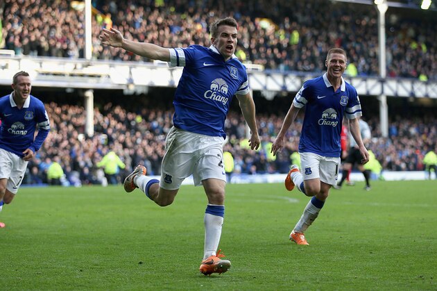 LIVERPOOL, ENGLAND - MARCH 15:  Seamus Coleman of Everton celebrates after scoring the winning goal during the Barclays Premier League match between Everton and Cardiff City at Goodison Park on March 15, 2014 in Liverpool, England.  (Photo by Clive Brunskill/Getty Images)