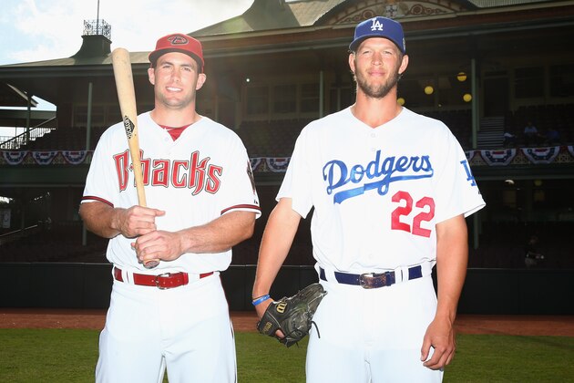 SYDNEY, AUSTRALIA - MARCH 19:  Paul Goldschmidt of the Arizona Diamondbacks and Clayton Kershaw of the Los Angeles Dodgers pose during the Day of Champions at Sydney Cricket Ground on March 19, 2014 in Sydney, Australia.  (Photo by Cameron Spencer/Getty Images)