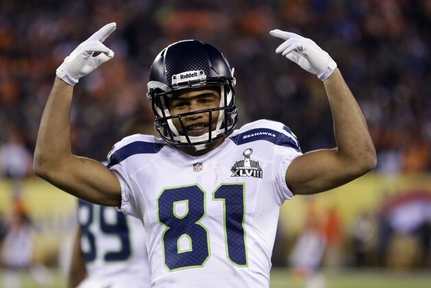 Seattle Seahawks' Golden Tate (81) celebrates during the first half of the NFL Super Bowl XLVIII football game against the Denver Broncos, Sunday, Feb. 2, 2014, in East Rutherford, N.J. (AP Photo/Jeff Roberson)