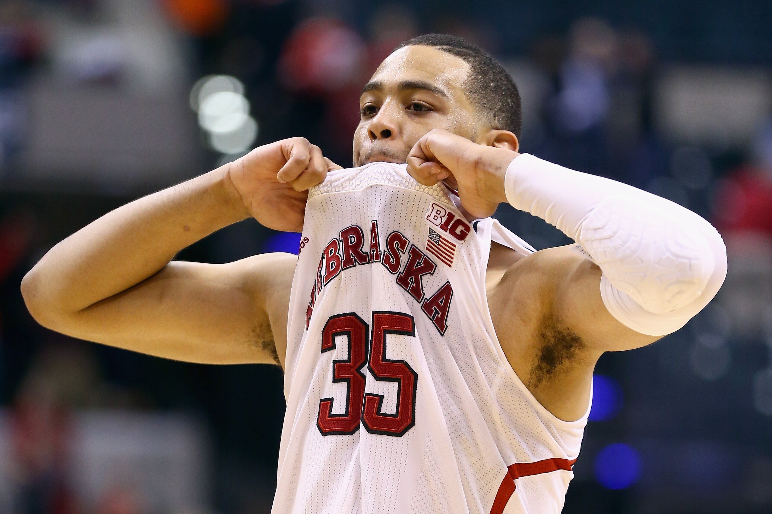INDIANAPOLIS, IN - MARCH 14:  Walter Pitchford #35 of the Nebraska Cornhuskers walks off of the court after the 71-67 loss to the Ohio State Buckeyes during the Quarterfinals of the Big Ten Basketball Tournament at Bankers Life Fieldhouse on March 14, 2014 in Indianapolis, Indiana.  (Photo by Andy Lyons/Getty Images)