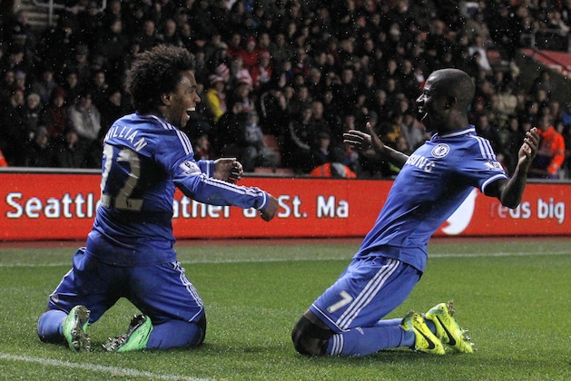 Chelsea's Willian, left, celebrates his goal against Southampton with teammate Ramires during their English Premier League soccer match at St Mary's stadium, Southampton, England, Wednesday, Jan. 1, 2014. (AP Photo/Sang Tan) Chelsea's Willian, left, celebrates his goal against Southampton with teammate Ramires during their English Premier League soccer match at St Mary's stadium, Southampton, England, Wednesday, Jan. 1, 2014. (AP Photo/Sang Tan)