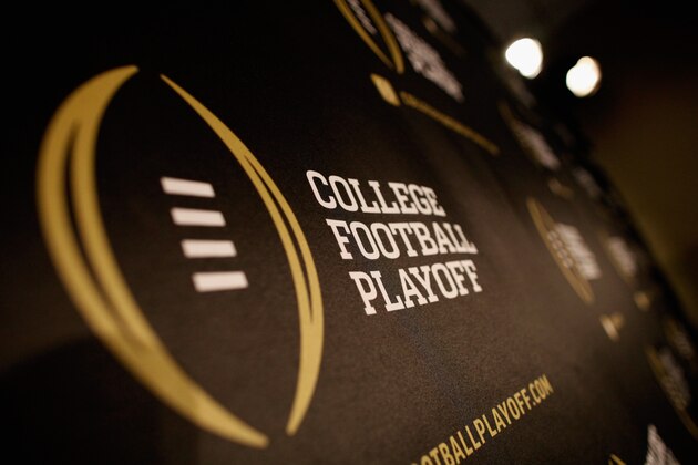 IRVING, TX - OCTOBER 16:  A detail view of the College Football Playoff logo shown during a press conference on October 16, 2013 in Irving, Texas. Condoleezza Rice, Stanford University professor and former United States Secretary of State, was chosen to serve as one of the 13 members that will select four teams to compete in the first playoff at the end of the 2014 season.  (Photo by Tom Pennington/Getty Images)