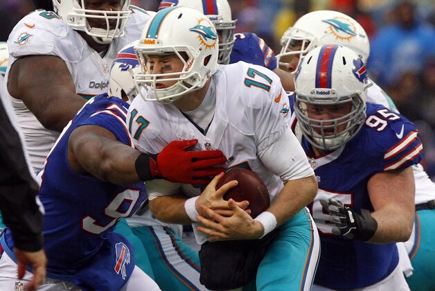 Miami Dolphins quarterback Ryan Tannehill (17) is sacked by Buffalo Bills defensive end Mario Williams (94) and defensive tackle Kyle Williams (95) during the first half of an NFL football game on Sunday, Dec. 22, 2013, in Orchard Park, N.Y. (AP Photo/Bill Wippert)