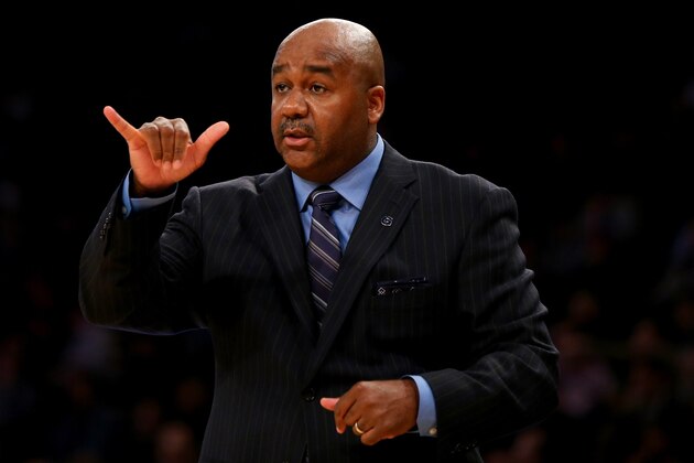 NEW YORK, NY - MARCH 12:  Head coach John Thompson III of the Georgetown Hoyas directs his players in the first half against the DePaul Blue Demons during the first round of the Big East Basketball Tournament at Madison Square Garden on March 12, 2014 in New York City.  (Photo by Elsa/Getty Images)