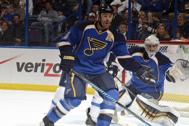 ST. LOUIS, MO - MARCH 17: Barret Jackman #5 of the St. Louis Blues blocks a shot during an NHL game against the Winnipeg Jets on March 17, 2014 at Scottrade Center in St. Louis, Missouri. (Photo by Mark Buckner/NHLI via Getty Images)