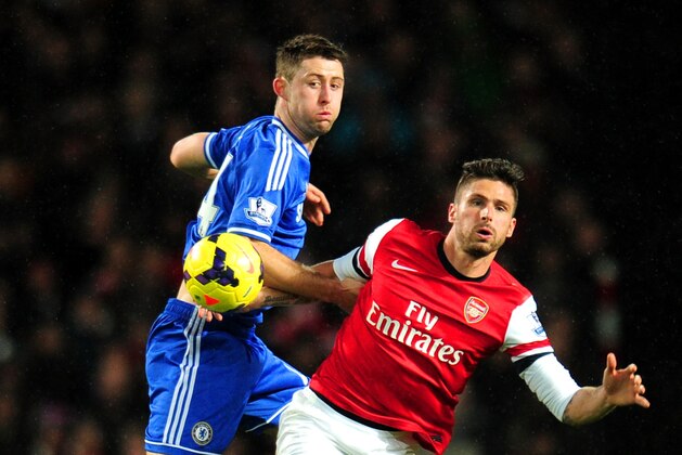 LONDON, ENGLAND - DECEMBER 23:  Gary Cahill of Chelsea and Olivier Giroud of Arsenal compete for the ball during the Barclays Premier League match between Arsenal and Chelsea at Emirates Stadium on December 23, 2013 in London, England.  (Photo by Shaun Botterill/Getty Images)