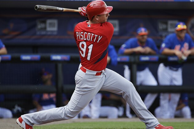 St. Louis Cardinals' Stephen Piscotty hits a double in the second inning of an exhibition spring training baseball game against the New York Mets, Wednesday, March 12, 2014, in Port St. Lucie, Fla. (AP Photo/David Goldman)