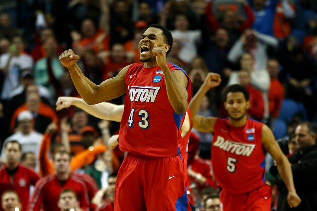 BUFFALO, NY - MARCH 20: Vee Sanford #43 of the Dayton Flyers reacts after defeating the Ohio State Buckeyes 60-59 in the second round of the 2014 NCAA Men's Basketball Tournament at the First Niagara Center on March 20, 2014 in Buffalo, New York.  (Photo by Elsa/Getty Images)