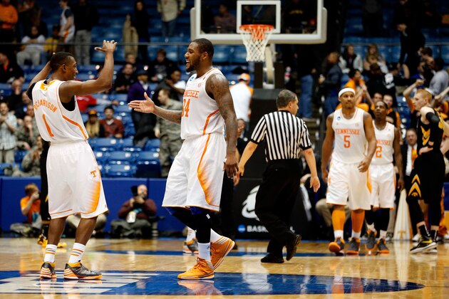 DAYTON, OH - MARCH 19: Josh Richardson #1 and Jeronne Maymon #34 of the Tennessee Volunteers celebrate after defeating the Iowa Hawkeyes 78-65 in overtime in the first round of the 2014 NCAA Men's Basketball Tournament at UD Arena on March 19, 2014 in Dayton, Ohio.  (Photo by Gregory Shamus/Getty Images)