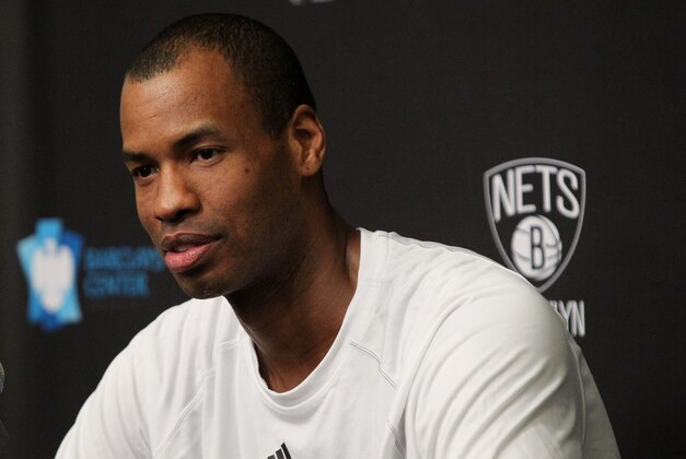 Mar 3, 2014; Brooklyn, NY, USA;  Brooklyn Nets center Jason Collins answers questions from media before the game against the Chicago Bulls at Barclays Center. Mandatory Credit: Noah K. Murray-USA TODAY Sports