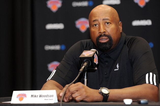 Sep 30, 2013; Tarrytown, NY, USA; New York Knicks head coach Mike Woodson answers questions during media day at MSG Training Center. Mandatory Credit: Joe Camporeale-USA TODAY Sports