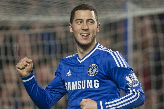 Chelsea's Eden Hazard celebrates after scoring against Tottenham Hotspur during their English Premier League soccer match, at the Stamford Bridge Stadium in London, Saturday March 8, 2014. (AP Photo/Bogdan Maran) Chelsea's Eden Hazard celebrates after scoring against Tottenham Hotspur during their English Premier League soccer match, at the Stamford Bridge Stadium in London, Saturday March 8, 2014. (AP Photo/Bogdan Maran)
