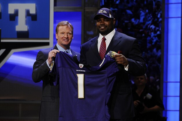 NEW YORK - APRIL 25:  NFL Commissioner Roger Goodell poses with Baltimore Ravens #23 draft pick Michael Oher at Radio City Music Hall for the 2009 NFL Draft on April 25, 2009 in New York City  (Photo by Jeff Zelevansky/Getty Images)