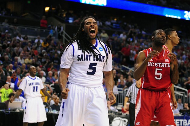 Mar 20, 2014; Orlando, FL, USA; Saint Louis Billikens guard Jordair Jett (5) reacts during the second half of a men's college basketball game against the North Carolina State Wolfpack during the second round of the 2014 NCAA Tournament at Amway Center. Mandatory Credit: David Manning-USA TODAY Sports