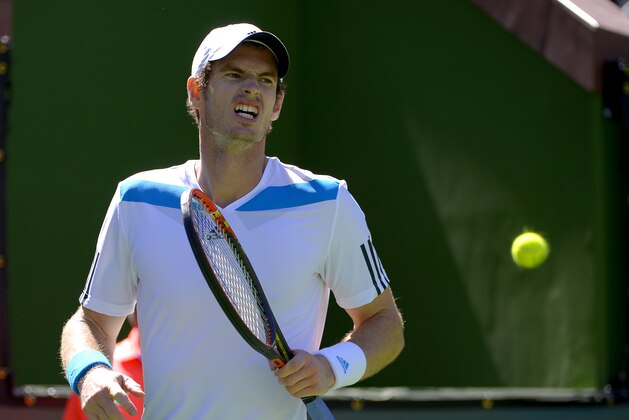 Andy Murray, of Great Britain, grimaces as a ball hit by Jiri Vesely, of the Czech Republic, goes by during a third round match at the BNP Paribas Open tennis tournament, Monday, March 10, 2014 in Indian Wells, Calif. (AP Photo/Mark J. Terrill)
