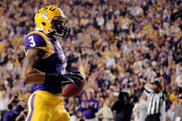 BATON ROUGE, LA - OCTOBER 26:  Odell Beckham Jr. #3 of the LSU Tigers scores a touchdown against the Furman Paladins during a game at Tiger Stadium on October 26, 2013 in Baton Rouge, Louisiana.  LSU won the game 48-16.  (Photo by Stacy Revere/Getty Images)
