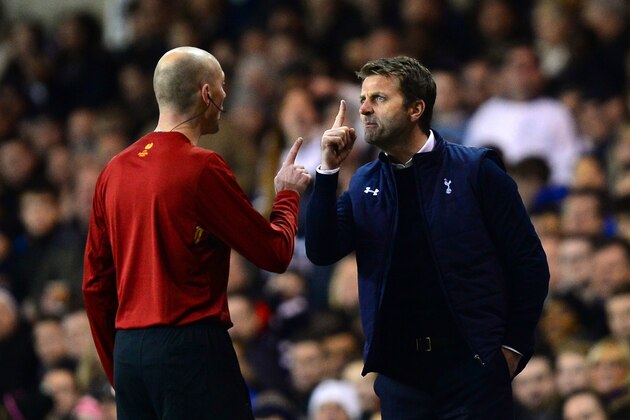LONDON, ENGLAND - FEBRUARY 27: Tim Sherwood manager of Tottenham Hotspur (R) has words with Referee Antony Gautier during the UEFA Europa League Round of 32 second leg match between Tottenham Hotspur and FC Dnipro Dnipropetrovsk at White Hart Lane on February 27, 2014 in London, England. (Photo by Jamie McDonald/Getty Images) LONDON, ENGLAND - FEBRUARY 27: Tim Sherwood manager of Tottenham Hotspur (R) has words with Referee Antony Gautier during the UEFA Europa League Round of 32 second leg match between Tottenham Hotspur and FC Dnipro Dnipropetrovsk at White Hart Lane on February 27, 2014 in London, England. (Photo by Jamie McDonald/Getty Images)